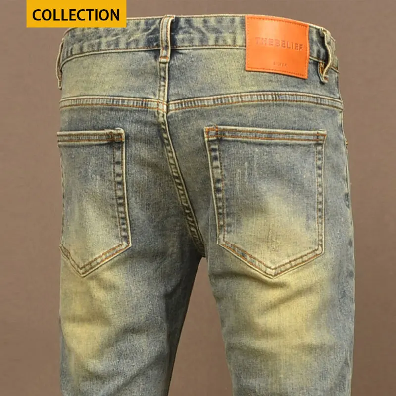 Pantalones vaqueros rasgados para hombre, Jeans Retro lavados, ajustados, elásticos, con agujeros, estilo Hip Hop, de diseñador Vintage