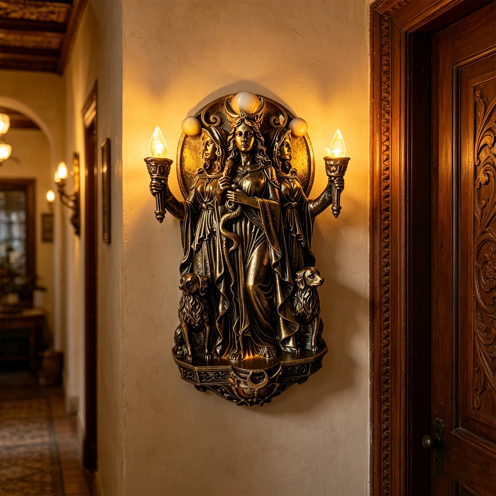 Triple Goddess Wall Lamp with Torches & Dogs Wall Mounted Lights Cordless Design Wall Sconces for Bedroom Stair Hallway