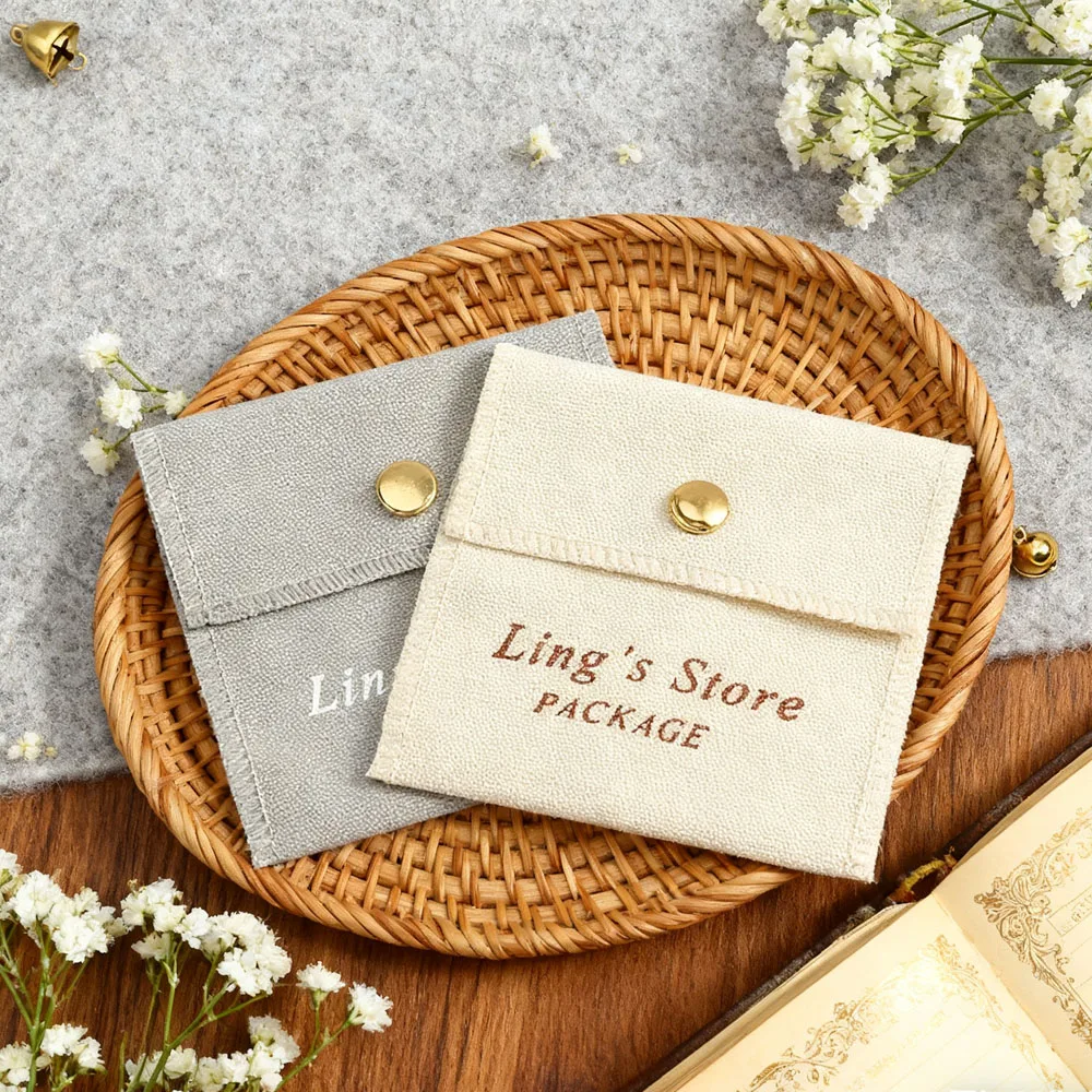 

100pcs Personalized Logo 8x8cm Cotton Canvas Snap Button Gift Bag Jewelry Organizer Package Pouch Ring Earring Storage Packaging