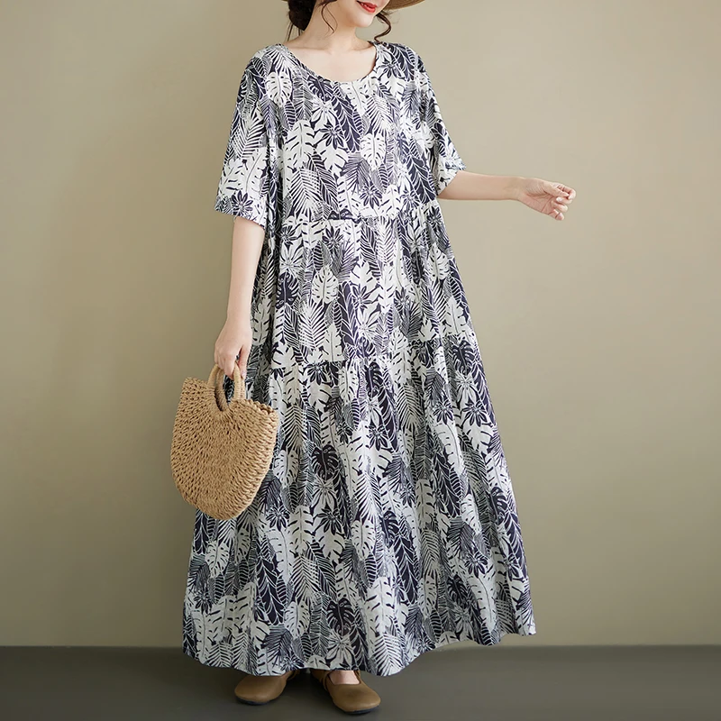 

Loose Cotton Linen Dress Women's round Neck Short Sleeve Bohemian Style A-Line Skirt Summer New Arrival for Middle-Aged Mothers