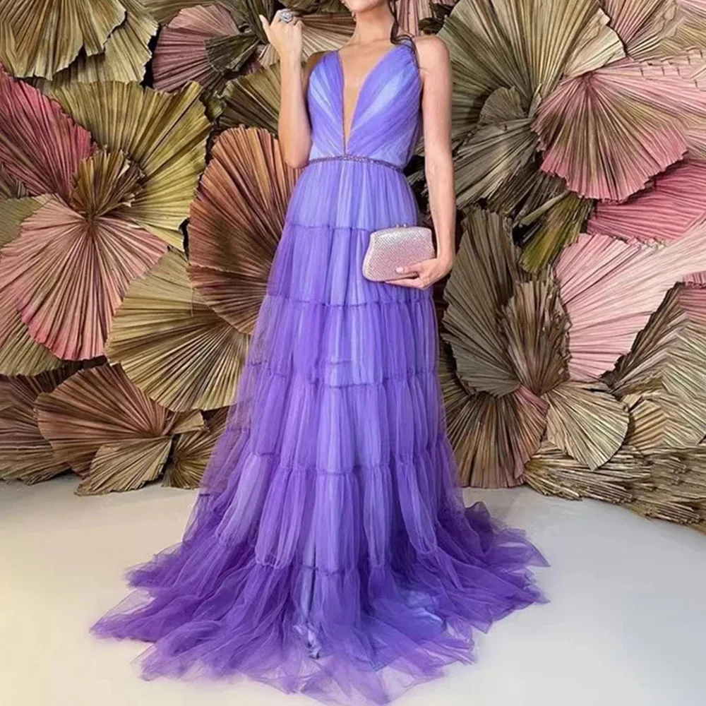 

Elegant Long Evening Dresses for Women V-Neck Floor-Length A-Line with Pleats Prom Party Gala Special Events 2023 NewCL-457