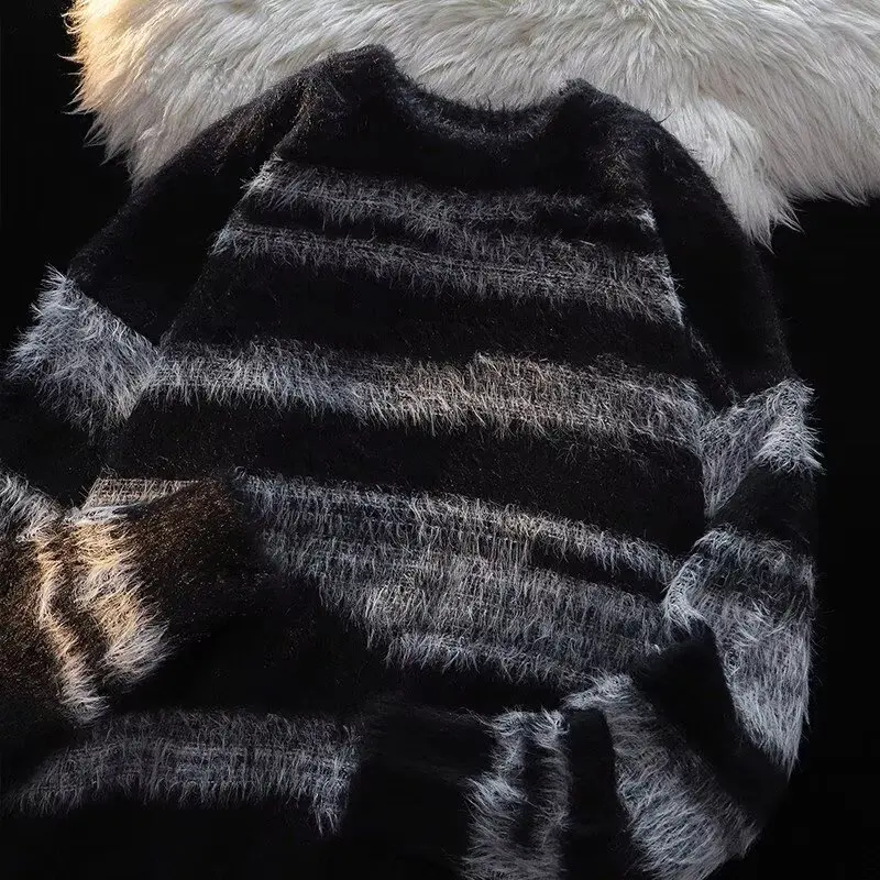 

Loose Fit Knitted Cardigan Women's Sle Long Sve round Ne Striped Oversize Coat Casual Chic ey Top for Autumn Winter