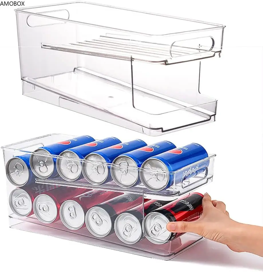 

AMOBOX-Refrigerator Organizer Bins, 2-Layer Automatic Rolling Beverage Soda Can Storage Box for Fridge Beverage, Beer Soda