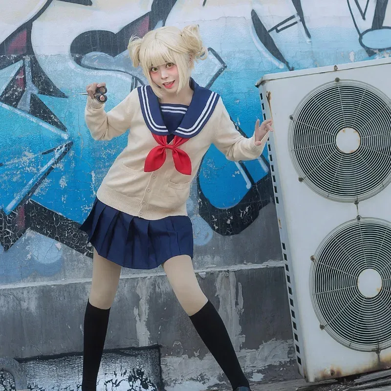 Disfraz de Anime My Hero Academia Cross My Body Himiko Toga, abrigo tejido, traje de marinero, falda, uniforme Jk, disfraz de Halloween