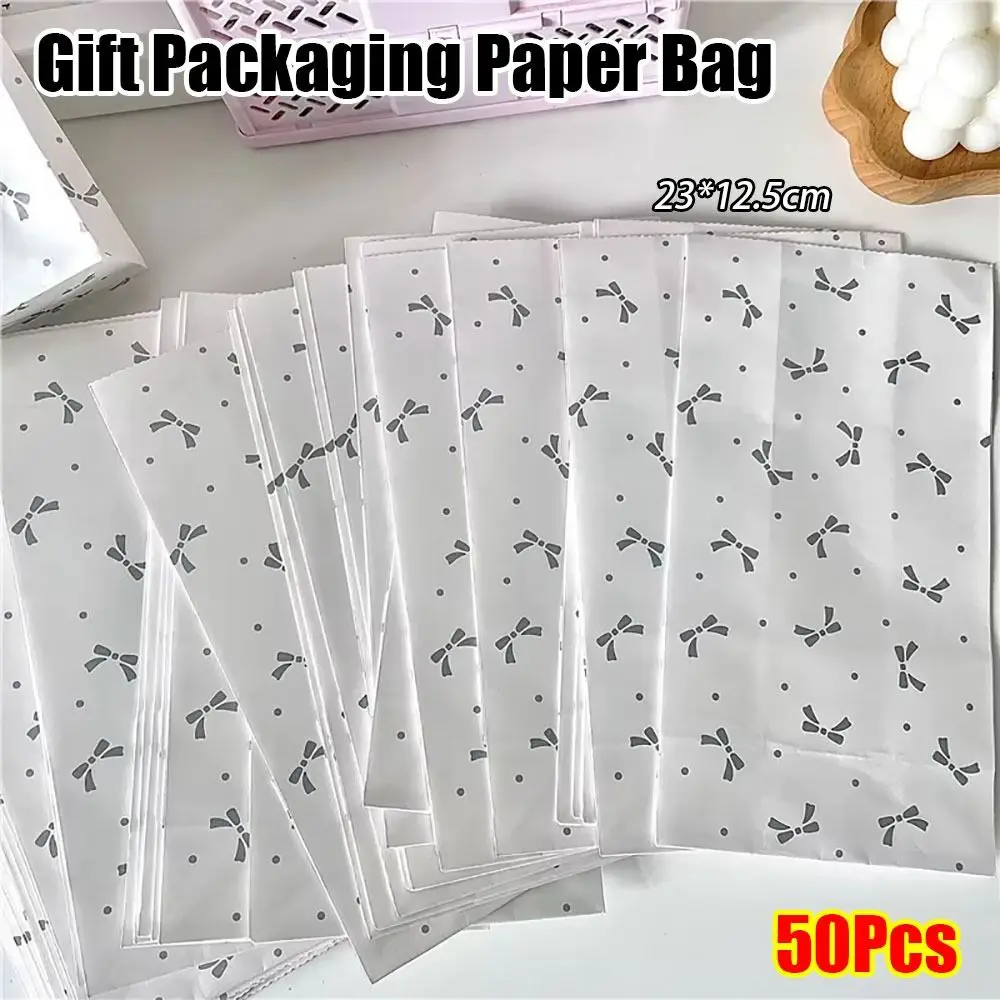 50Pcs Durable Card Out Paper Wrapping Bags Kraft Paper Bow Hot Stamping Paper Bag Silver Simple Gift Packaging Bag