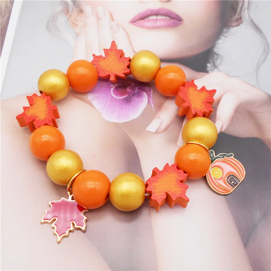 Wood Autumn Harvest Bead Bracelet  Pumpkin Maple Leaf Charms Bracelet Elastic Rope For Women Men Jewelry Party Gifts