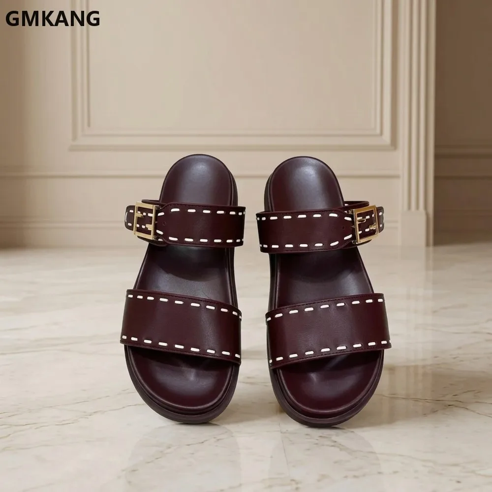 Women Double Strap Slide Sandals Adjustable Metal Buckle Contrast Stitch Flat Slip On Slippers Summer Beach Daily