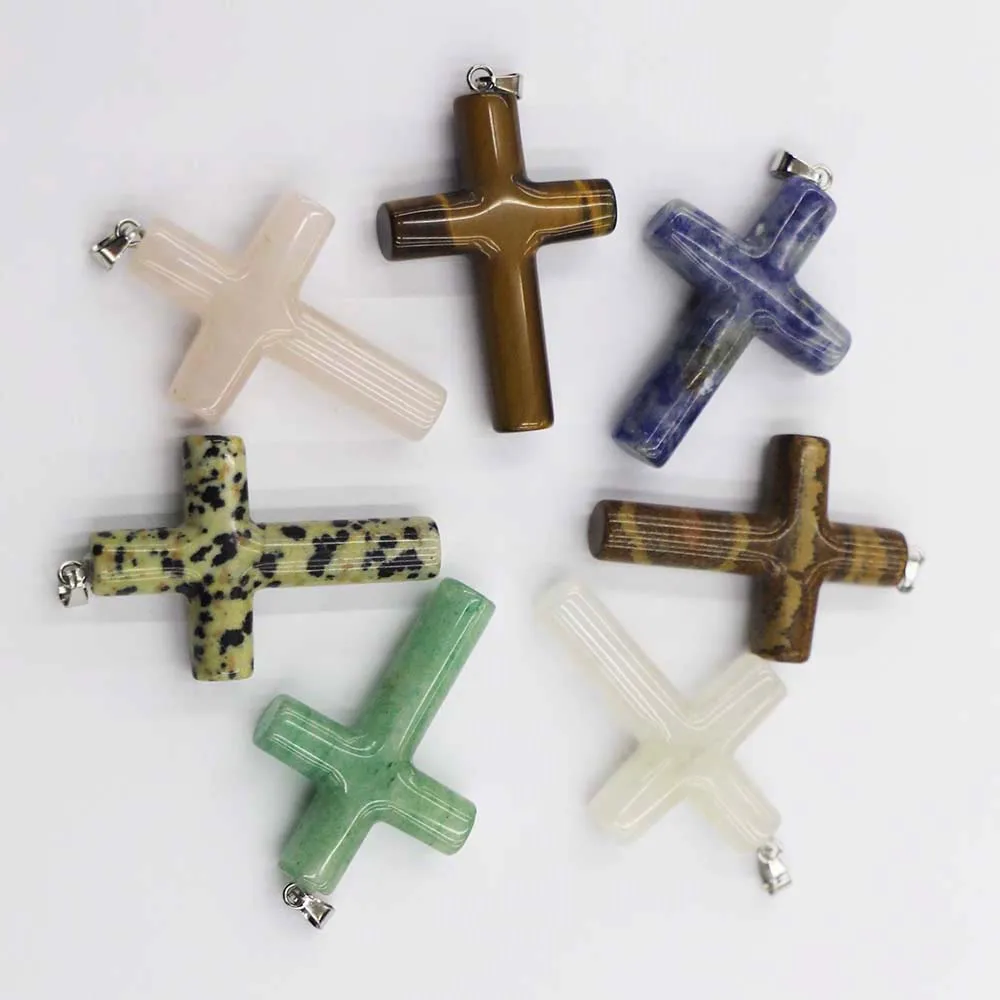 Natural Semi-precious Stone Pendant Cylindrical Cross Necklace Religious Belief Jewelry Accessories 6Pcs Wholesale Free Shipping