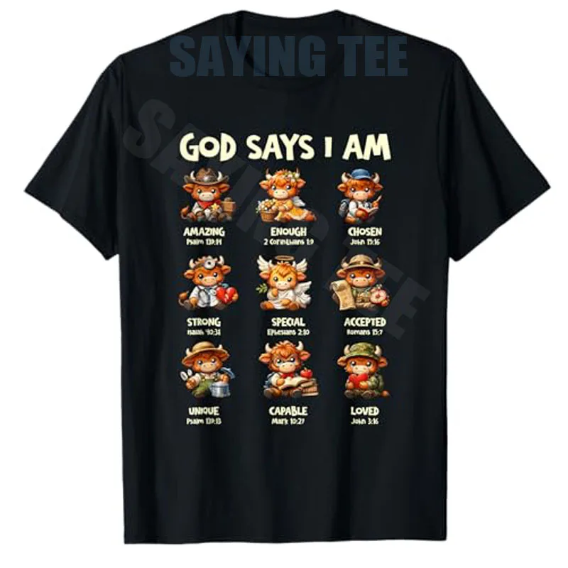 Schottisches Kuh-T-Shirt: Gott sagt, ich bin eine Highland-Kuh – Christliches religiöses Kleinkuh-T-Shirt, Y2K Glaube Jesus Bibelvers Tee Bekleidung – Detail 13