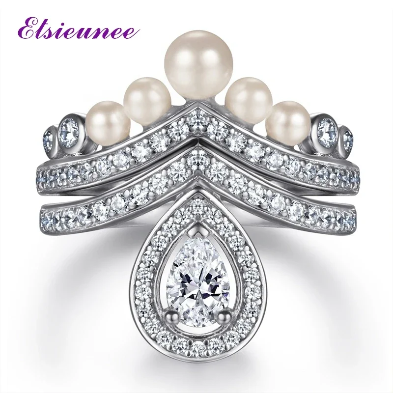 

ELSIEUNEE100% 925 Sterling Silver Wedding Rings Set for Women Sparking High Carbon Diamond Pearl Engagement Fine Jewelry Gifts