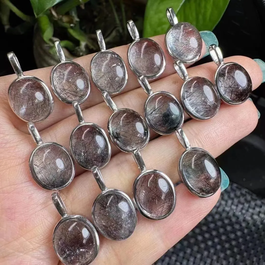 1 Pc Fengbaowu Natural Black Rutilated Quartz Pendant Oval Cabochon 925 Sterling Silver Reiki Healing Stone Jewelry Gift