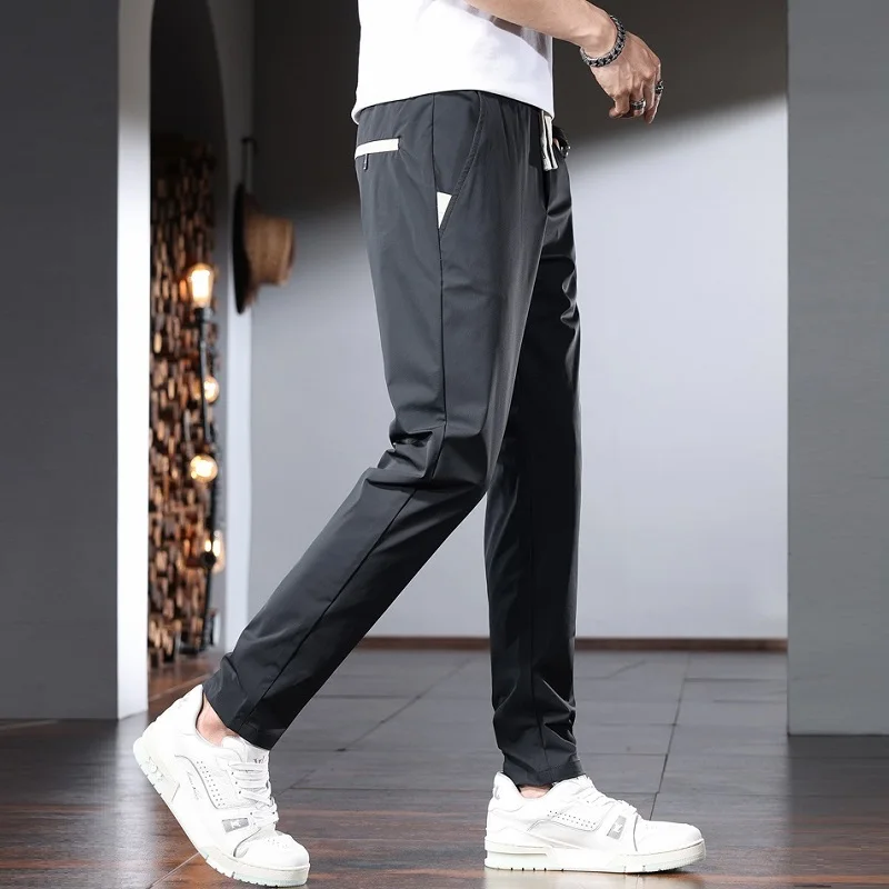 Summer Men's Casual Pants Elastic Waist Sport Joggers Lightweight Black Slim Fit Trousers