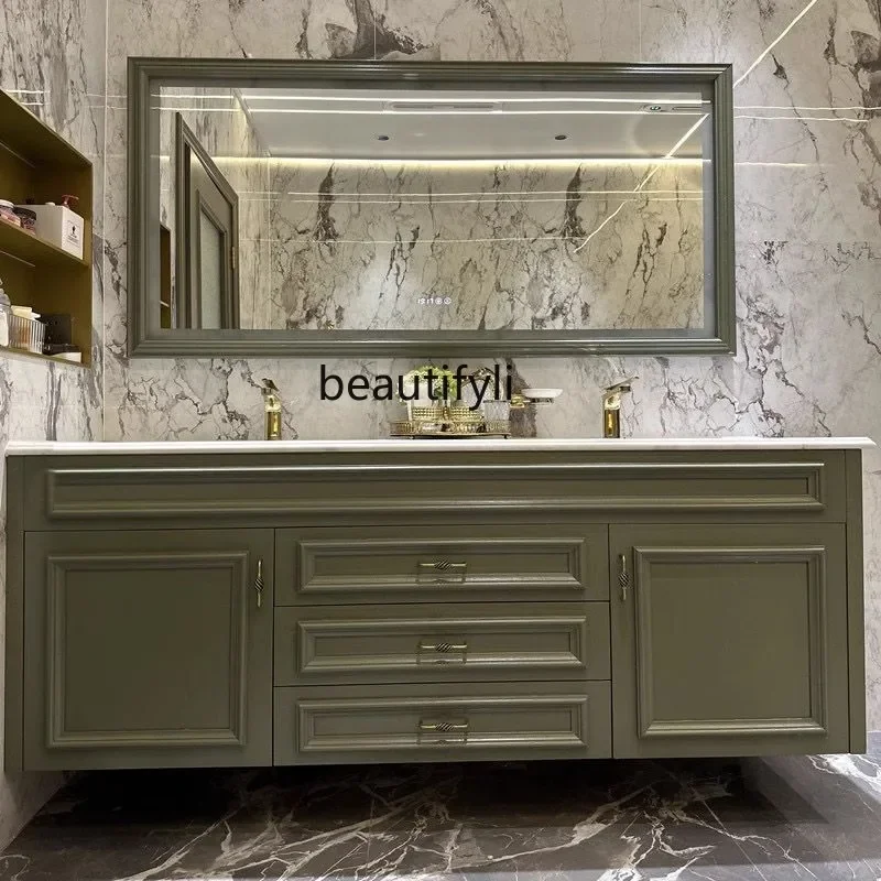 American Light Luxury Stone Plate Bathroom Cabinet Wall Cupboard Combination Modern Green Bathroom Cabinet Bathroom Washstand