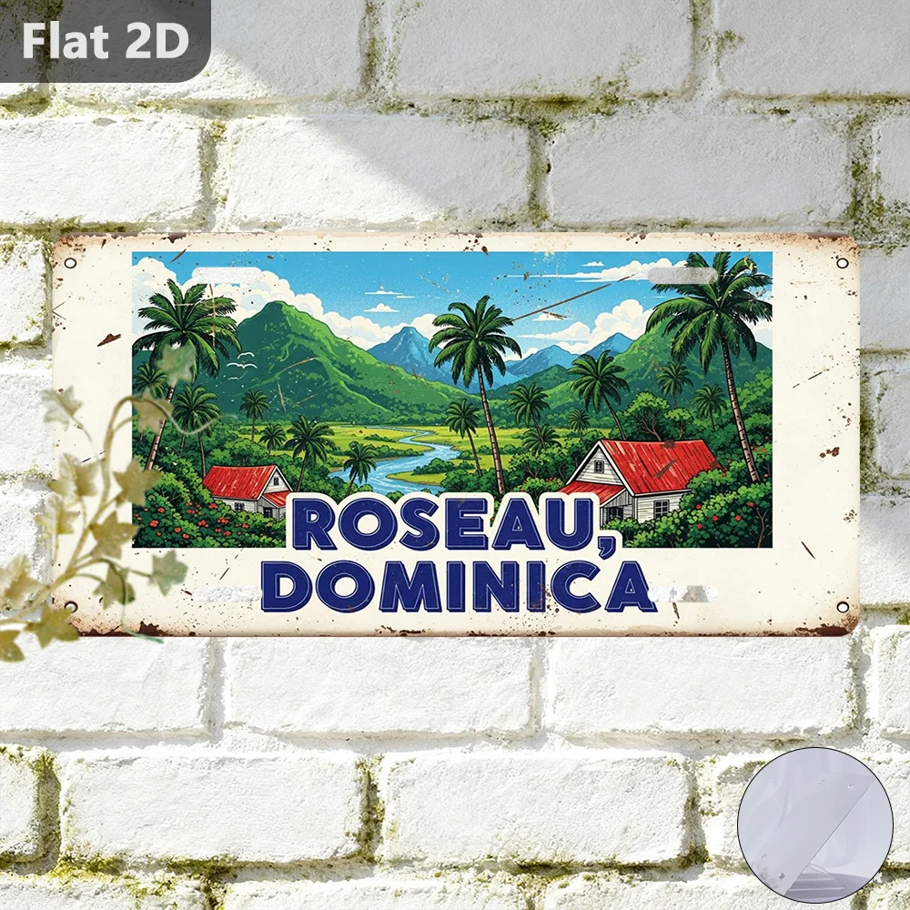 2D Flat, 1pc, Sign, Decorative Plaque & Statues (30.48cm X 14.99cm), Roseau, Dominica Sign, Metal Plaque Wall Decor, Only for