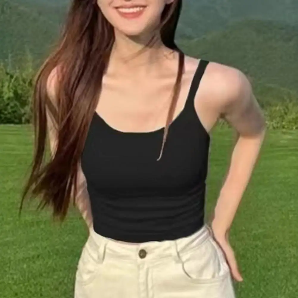 Summer Spaghetti Strap Sleeveless Camisole Tops, Women's Top With Bulit In Bra Seamless Padded Cami Base Layer