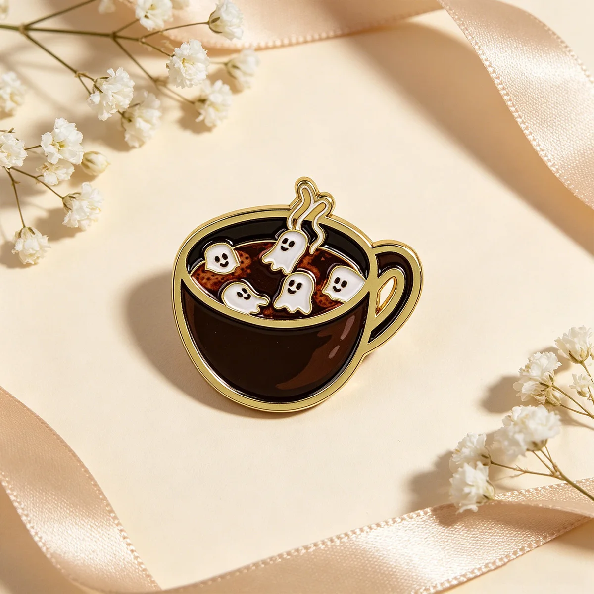 Coffee Ghost Enamel Pin Cute Brooch Lapel Pins Badge on Backpack Clothing Accessories Halloween Jewelry Friends Gifts