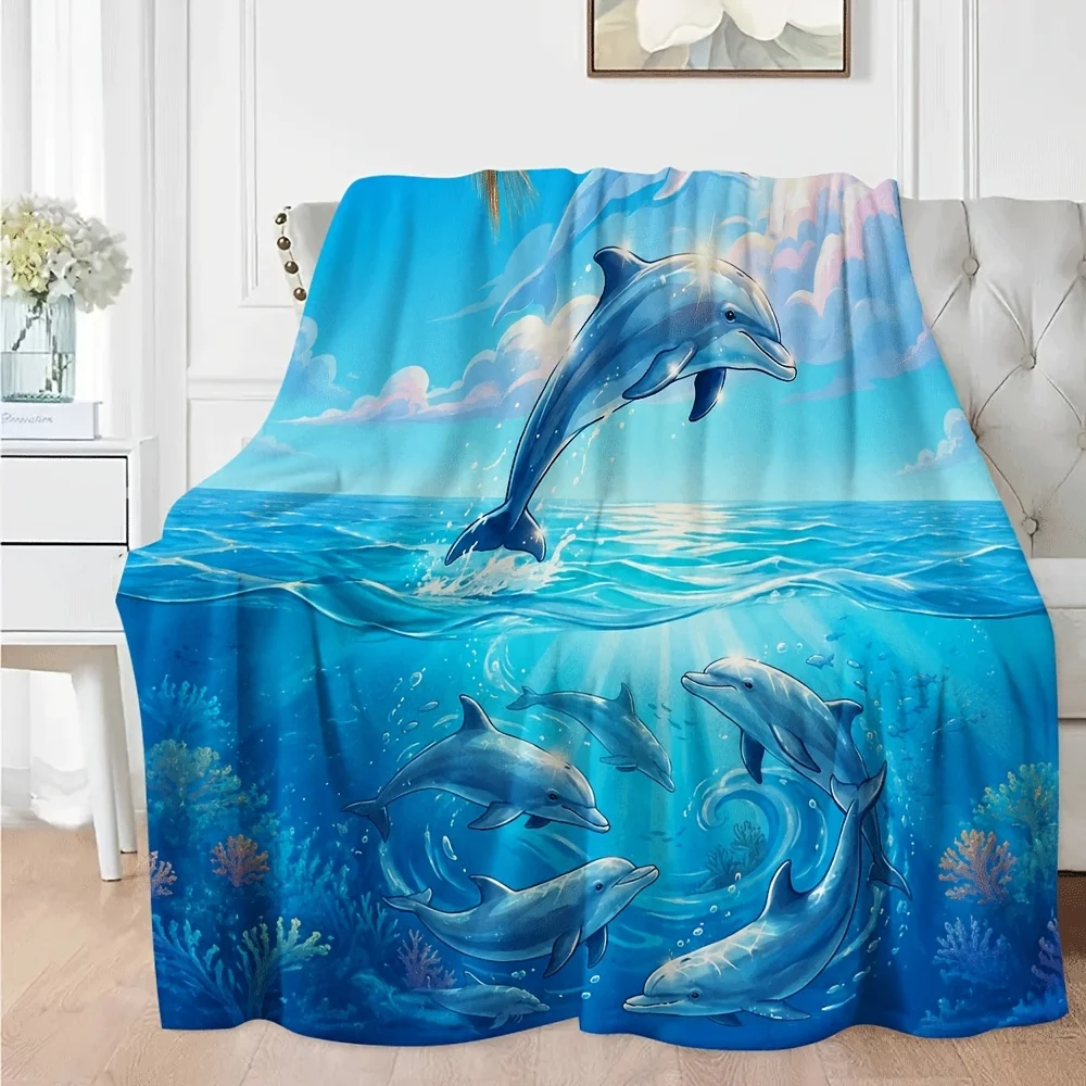 Ocean Jumping Dolphin Flannel Throw Blanket, Tropical Seawater Coral Print Soft Warm Blanket for Sofa Bedroom Home Decor