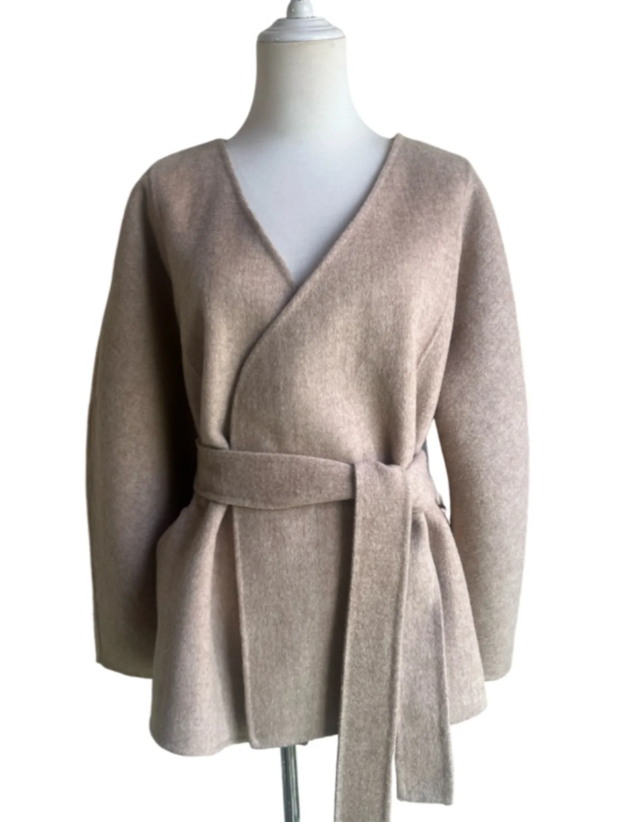 

Double-Sided Camere Woolen Coat ort V-Need Waist-Cinching Belted mat Brand Commute Sle Long Sve Pure Color