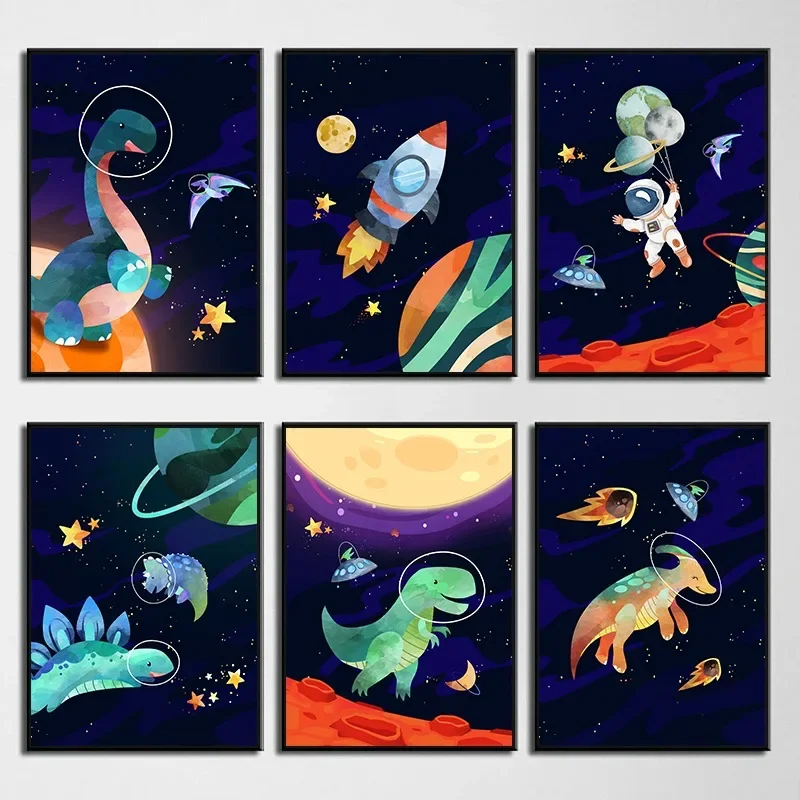 1pc frameless Canvas Painting Astronauts Rocket Ship Space Dinosaur Cartoon Posters Prints Canvas Printing Wall Art Picture for