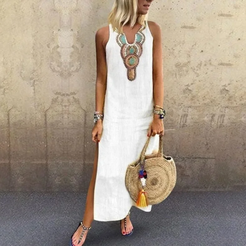 2025 Spring Fashion Women's Long White Dress V-neck Sleeveless Casual Dresses Female Trendy Loose Beach Bohemian Clothes Ladies