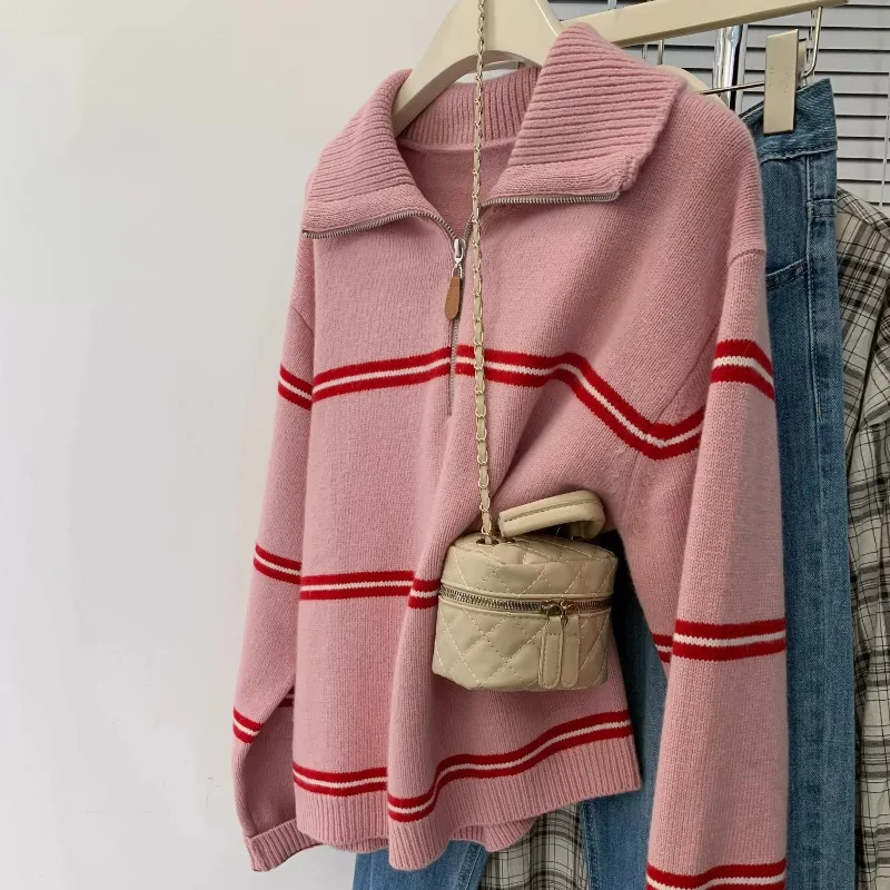 2024 Polo Collar Half Zip Chain Sweater Women's Autumn Winter Lazy Style Color Block Knitwear Pullover Stripe Loose Knit Sweater