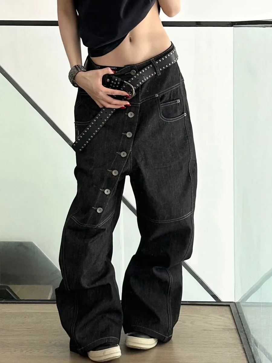 

American Retro Vibe Long Row Buttoned Jeans Men's Women's Trendy Baggy Silhouette Bent Knife Pants Straight Leg Casual Jeans