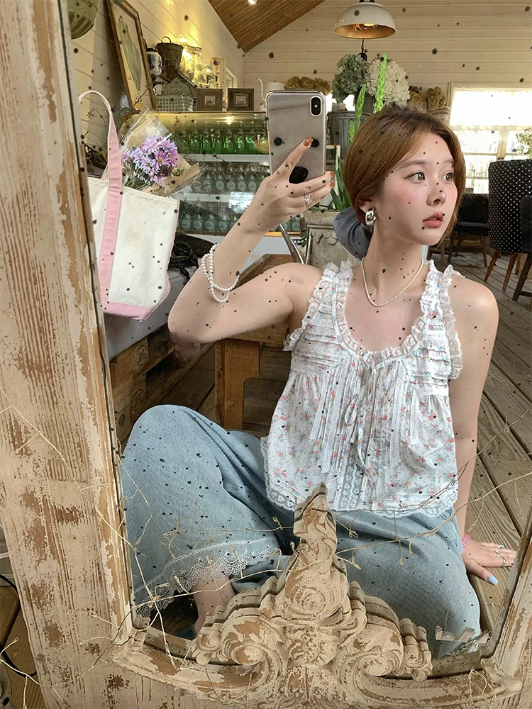 

Ретро-топ с кружевным цветочным принтом, женская свободная хлопковая летняя блузка с коротким рукавом, винтажный стиль для повседневной носки