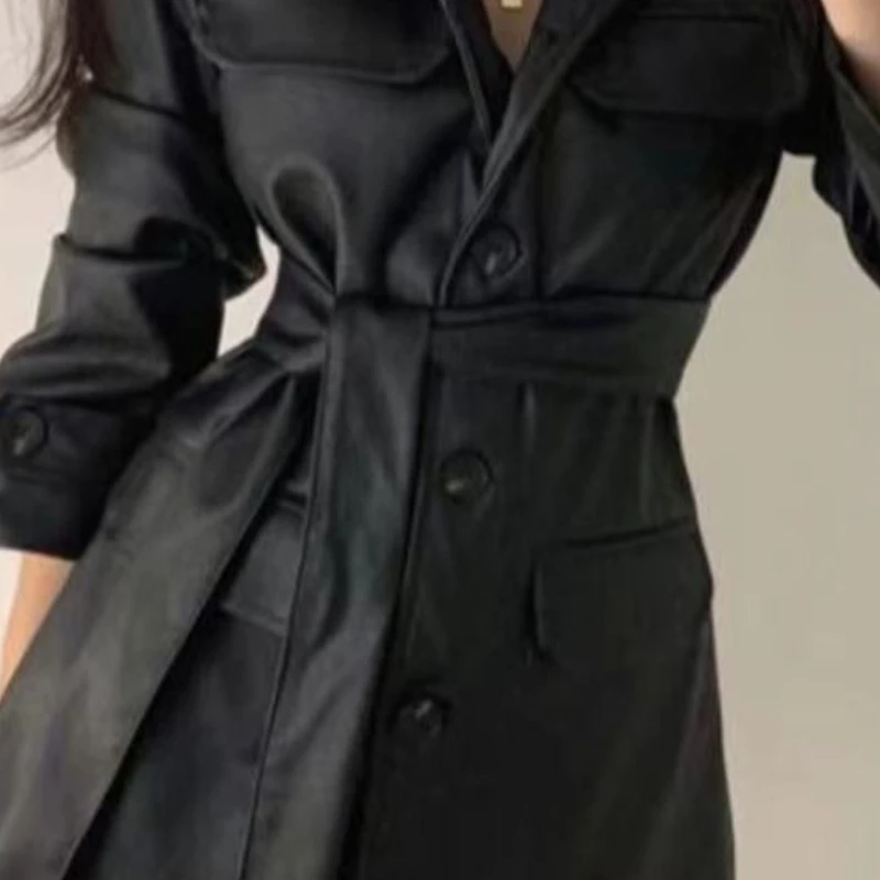 Damskie modele Jesień Zima Płaszcz Bluzki Kurtka Skórzana Długi rękaw Średniej długości Luźny Modny Elegancki Design Wyrafinowany Wypoczynek Prosty