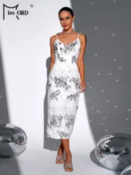 Missord Elegant White Party Dress 2024 Women Spaghetti Strap V Neck Sequin Print Bodycon Midi Prom Dresses