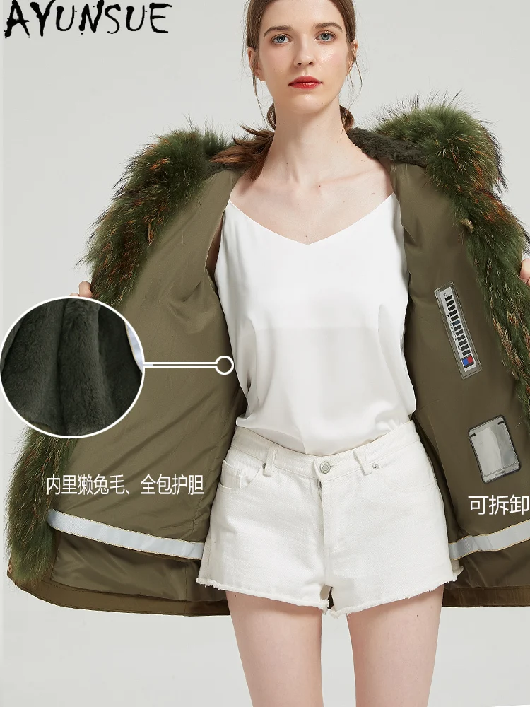 معطف فرو أرنب ريكس من AYUNSUE 2025 سترة من الفرو الحقيقي ملابس شتوية للنساء معاطف نسائية بياقة من فرو الراكون الدافئ معاطف نسائية