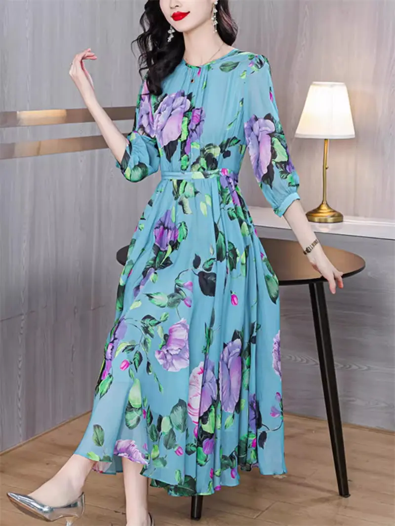 Französisch modische Seide Kleid für Frauen Frühling/Sommer neue High-End schlanke Blumen langes Kleid elegante weibliche Vestidos k1375