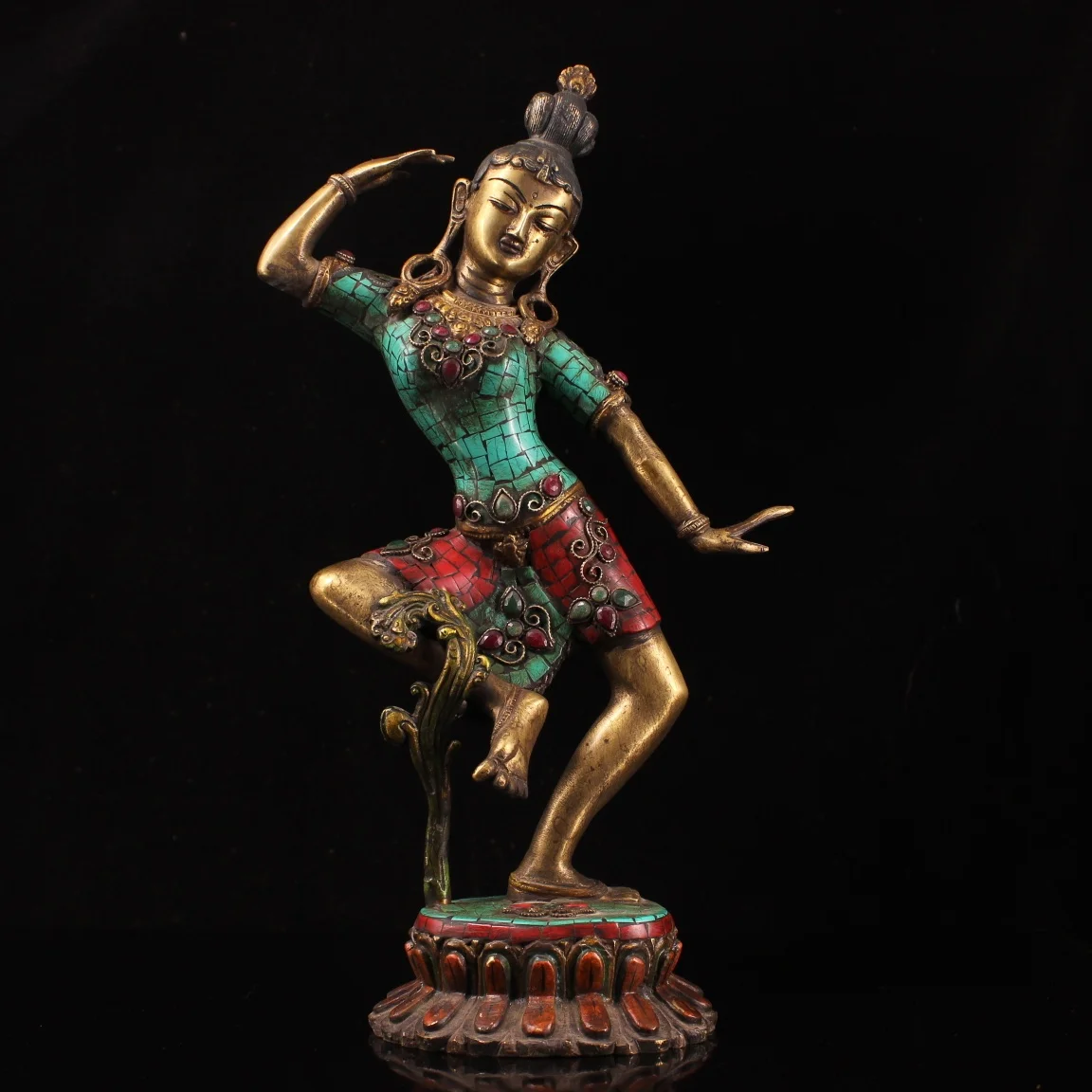 

17"Tibetan Temple Collection Old Bronze Outline in gold Mosaic Gem Turquoise Dance Goddess Shiva Lotus Buddha Town house