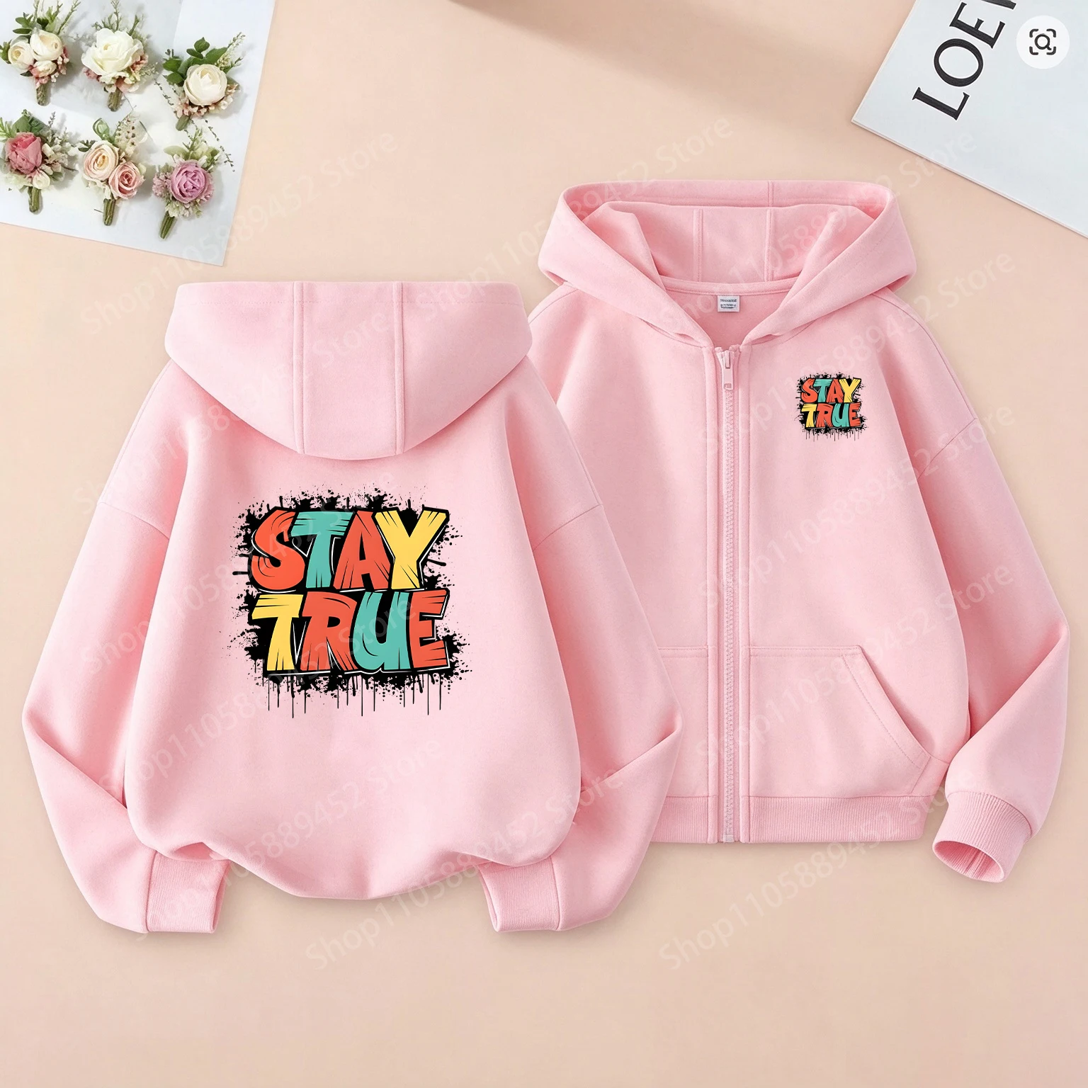 This trendy kids hoodie features eye-catching colorful STAY TRUE graffiti letter print, cool street hip-hop style