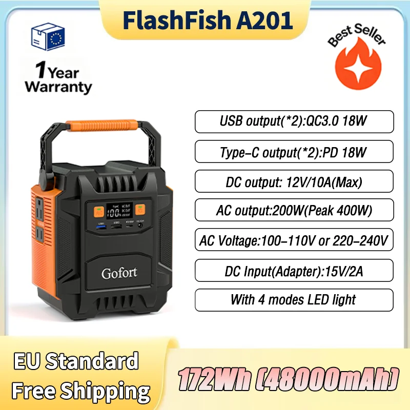 Estación de Energía Portátil FlashFish A201 |   Generador Solar de 200W + 172.8Wh con Tres Métodos de Carga