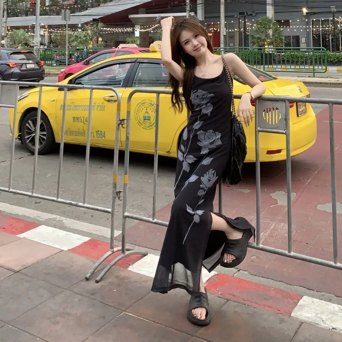 الفرنسية الرغبة النقية سبليت فساتين النساء ضيق الخصر Bodycon فستان أنيق روز مطبوعة شبكة الحمالات Vestidos فام #4