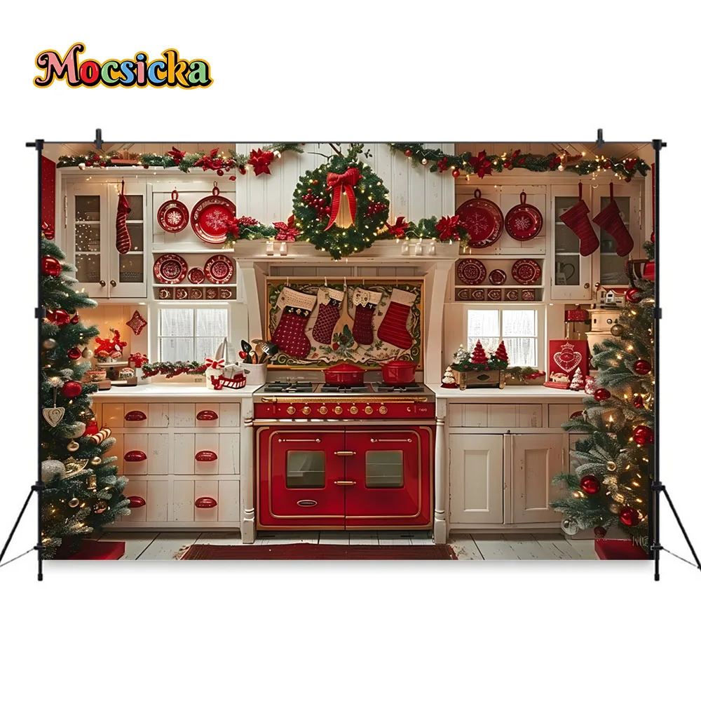 Christmas Kitchen Photography Background Retro Red Cabinets Xmas Tree Garland Socks Backdrop Kids Adult Winter Studio Photozones