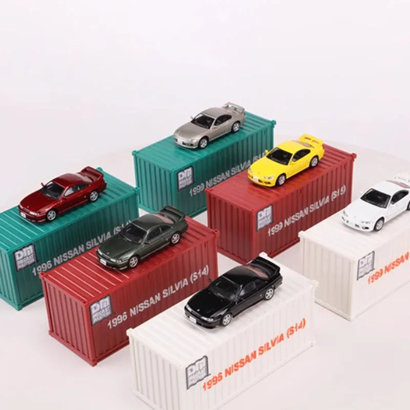 DM 1/64 Scale Silvia S14 S15 With Container Trucks Alloy Simulation Car Model Collection Display Ornament Toy Gift