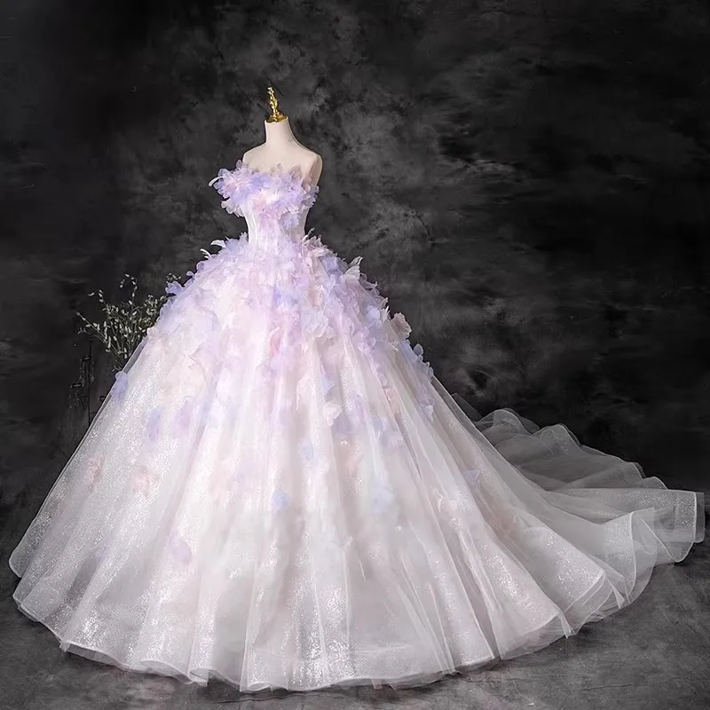 Off Shoulder Pink Strapless Light Wedding Dress Runaway Princess Palace Veil Studio Flower Arrangement Trailing Customized
