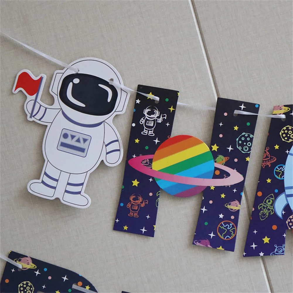 1Set Space Astronaut Happy Birthday Banner Rocket Astronaut Theme Cake Table Party Decoration Pull Flag Boy Party Decorations