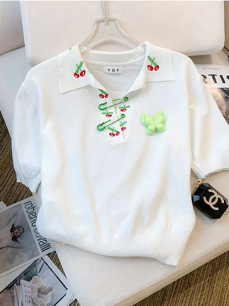 

2025 Summer Fashion Sweater Tops Women Knitted Tees Knitwear Short Sleeve V-neck Casual Stylish Ladies Jumper