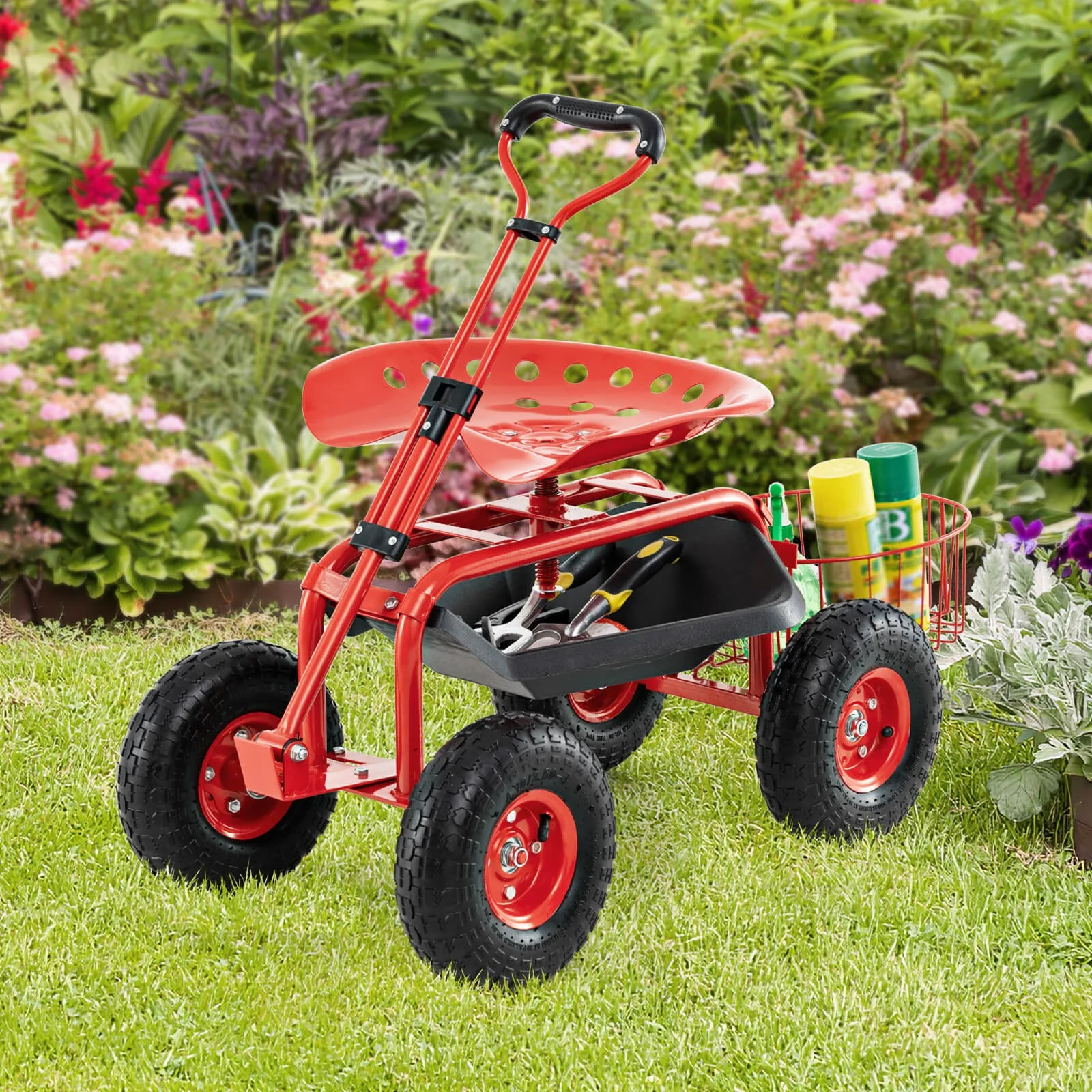 

Garden Cart Patio Wagon Roll Work Seat w/Tray Basket Extendable Handle