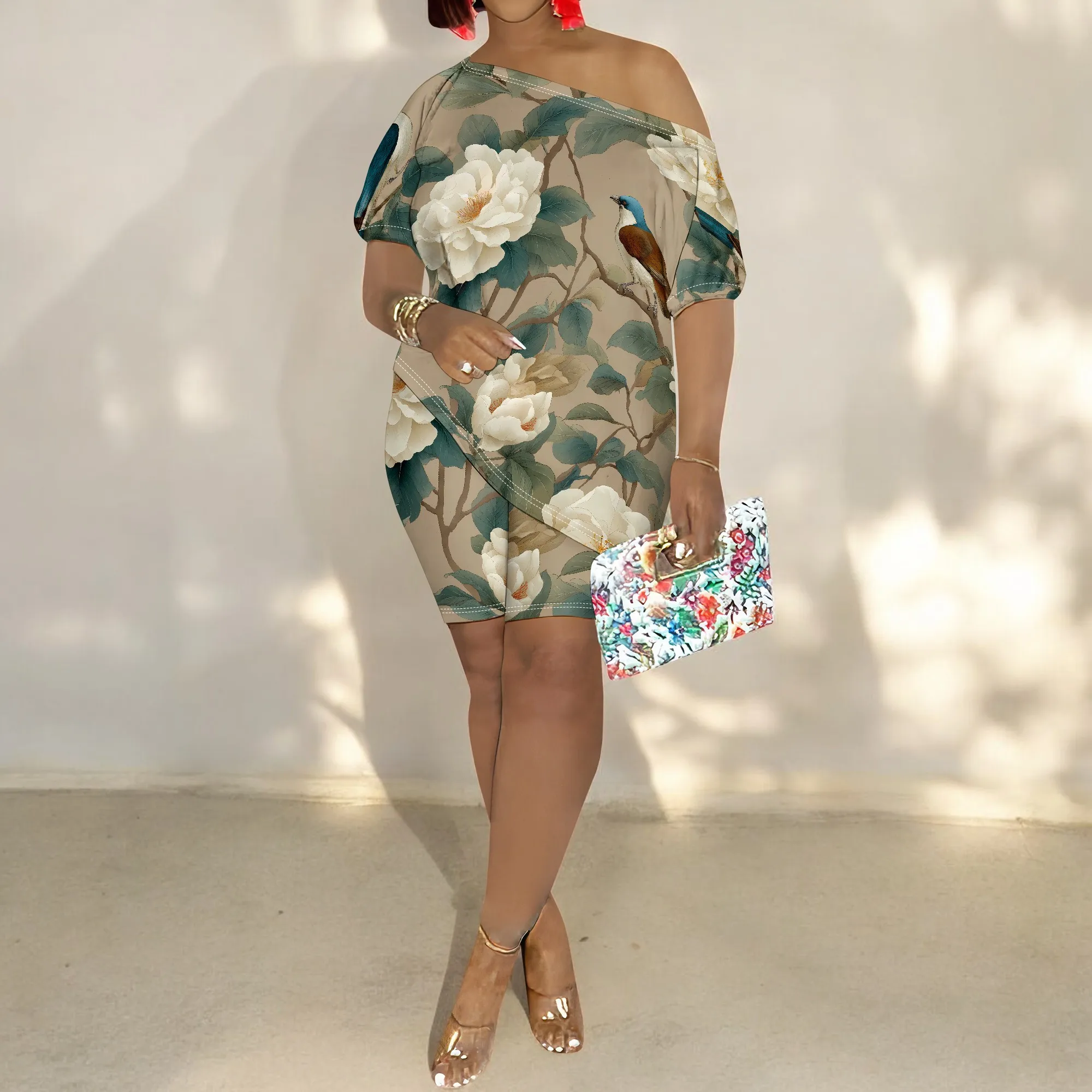 Floral Print Dress Set, Off Shoulder Top Skirt, Bird Motif Design, Sheer Mesh Fabric, Summer Beach Party Wear, S-2XL