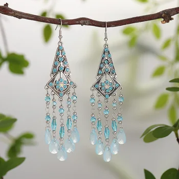 Bohemian Multilayer Water Drop ต่างหูพู่ยาวสําหรับผู้หญิงลูกปัดคริสตัล Handmade งานแต่งงาน Boho เครื่องประดับหญิง