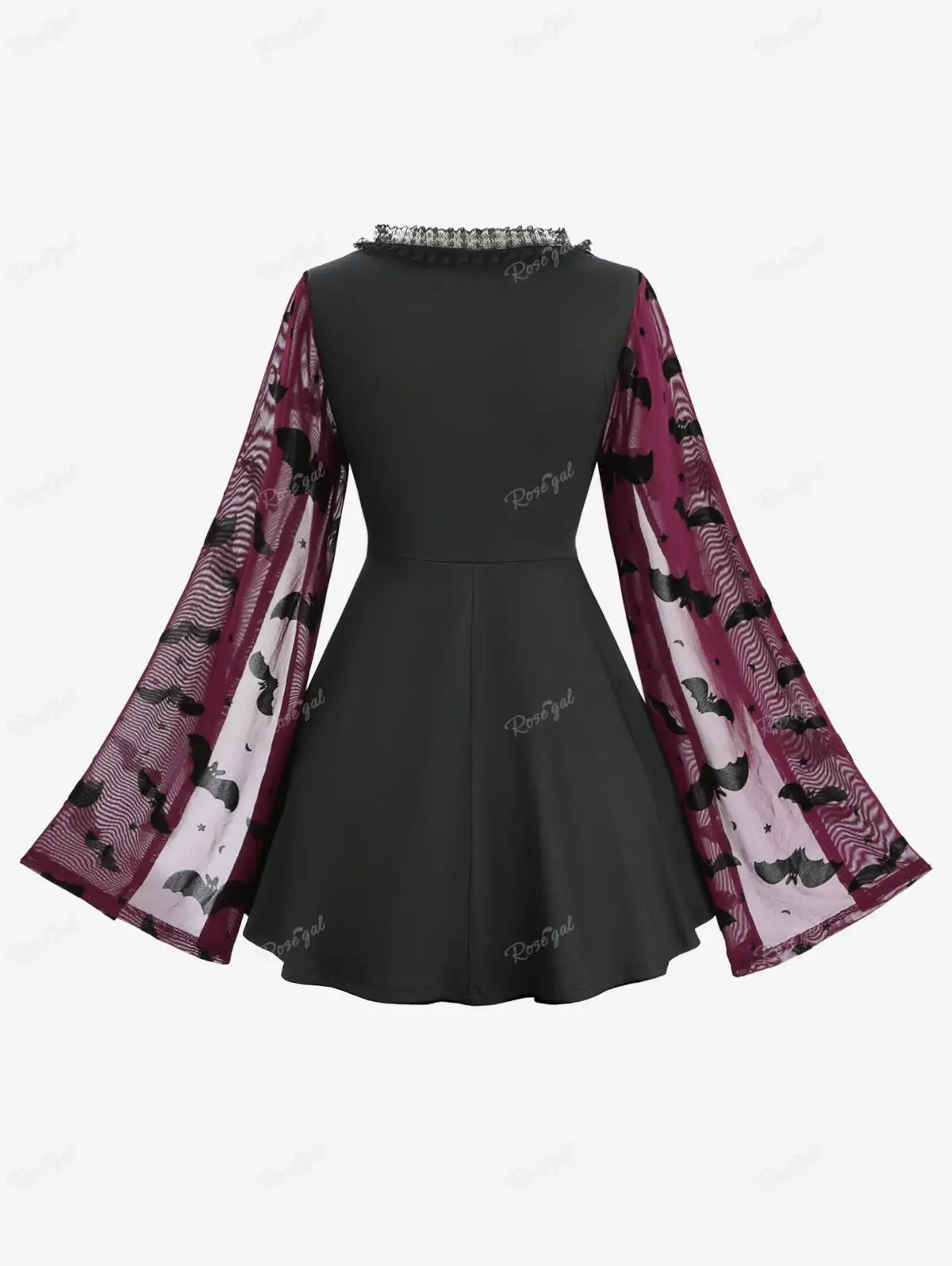 ROSEGAL Plus Size Split Flare Sleeves T-shirt Women Spring Autumn Deep Red Bat Star Mesh Flocking Lace Up Lace-trim Belted Tops