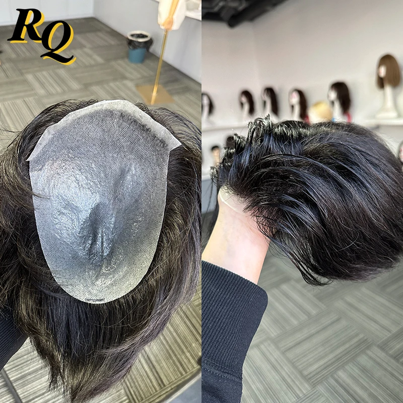 Pre-cut rambut palsu bergaya pria, sistem replika rambut palsu untuk pria 0.2 0.3mm PU tipis kulit ruang bawah tanah Hairpiece Pre Styled