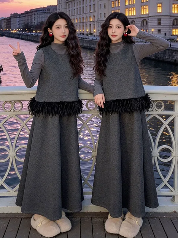 

Faionable Tee-Piece Set Korean Sle Splicing Fluffy Vest Top f Skirt Casual Loose Cut High Waist Spring New