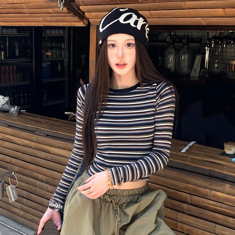 2026 Women Crew Neck Striped Long Sleeve Top Slim Fit Y2K Cropped Tee Stretchy Color Block Casual Daily Streetwear Basic Shirt