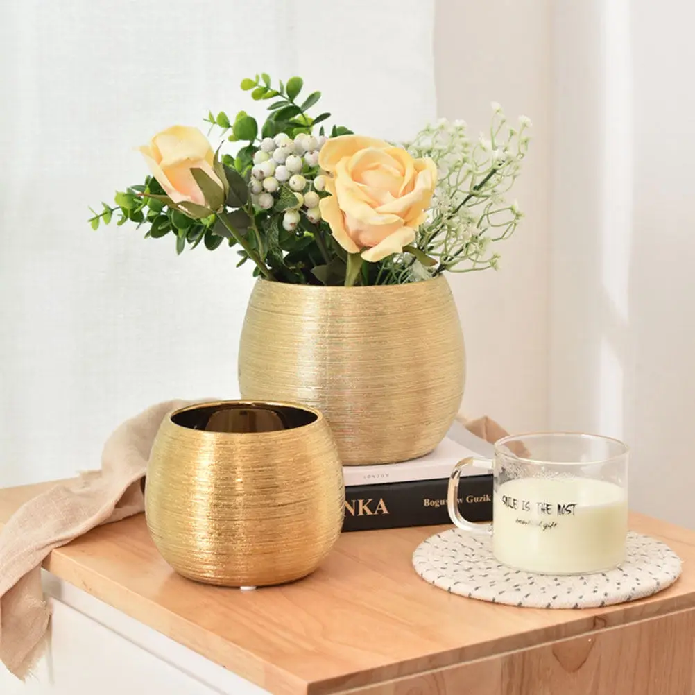 1Pcs Gold Plant Pot For Office Desk Decor Christmas Home Decor Premium Ceramic Accented Round Flower