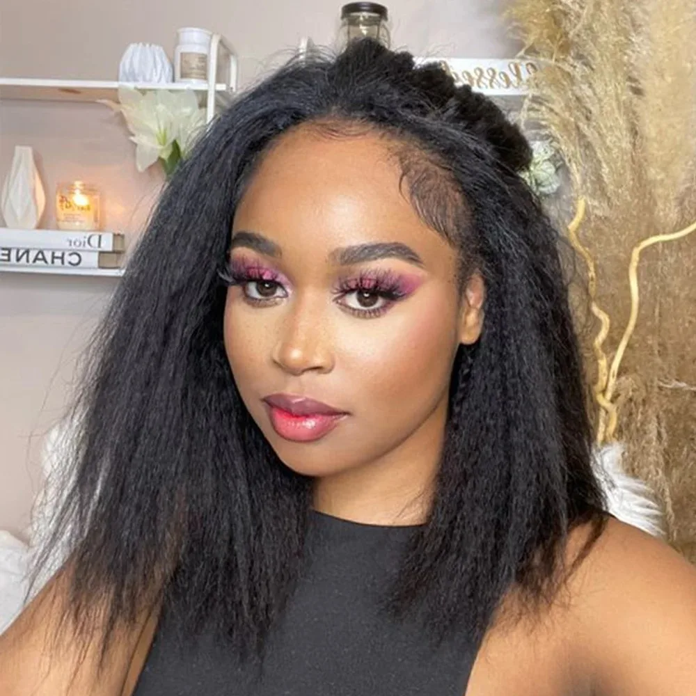 Perruque Bob Lace Front Wig sans colle naturelle, cheveux lisses, Yaki, 6x4, pre-cut, avec nœuds colorés