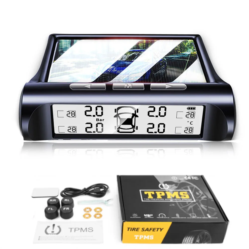 

Car Solar Pressure Monitoring System Digital Display Auto Tester Tire Temperature Air Pressure Car TPMS With 4 External Sensors